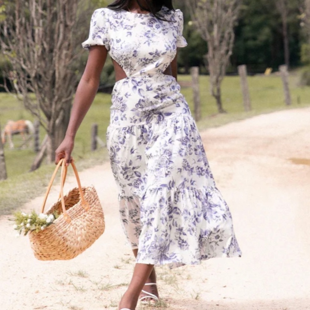 COPY - White and blue floral cut out dress